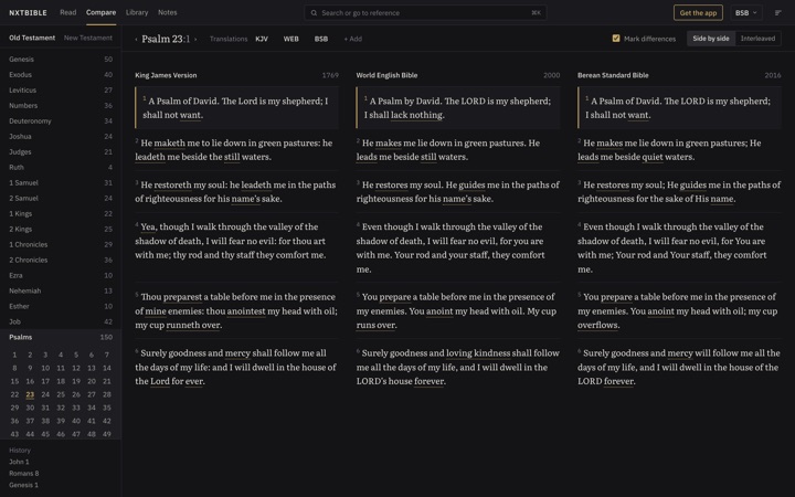 Psalm 23 in the KJV, WEB and BSB side by side, with the words that differ underlined