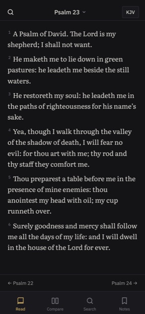 nxtbible on a phone, reading Psalm 23 in the King James Version