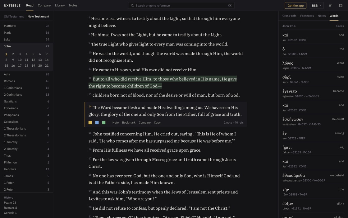 nxtbible reading John 1 in the Berean Standard Bible, with verse 14 selected and its Greek words in the study panel